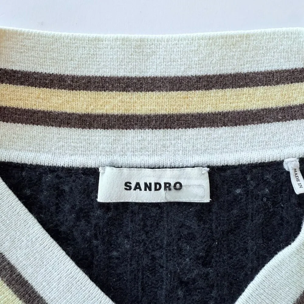 Sandro Contrast Stripe Cable Knit V-Neck Sweater in Navy White & Yellow Size 4 - Picture 9 of 15